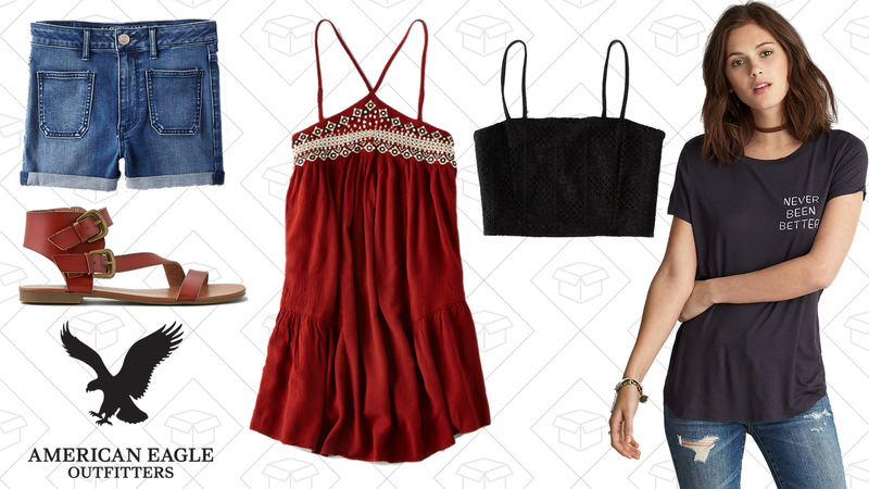Super Hi-Rise Shortie, $27 | Ankle Strap Sandal, $26 | Embroidered Boho Shift Dress, $37 | Eyelet Bralette, $15 | Graphic Jegging T-Shirt, $15